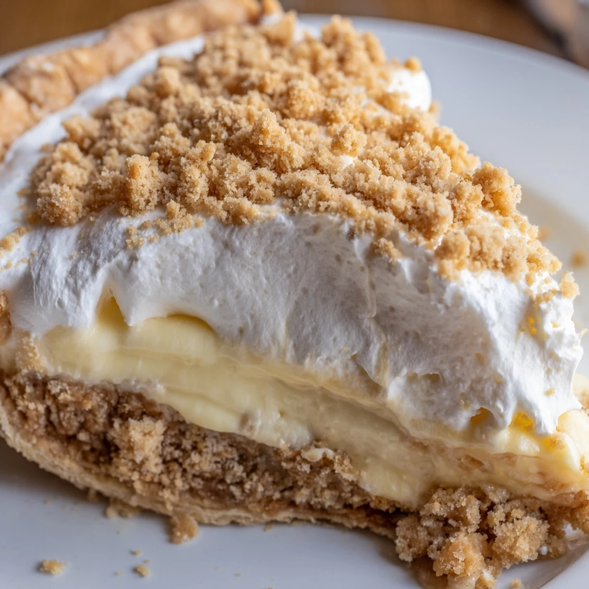 Creamy Old Fashioned Amish Peanut Butter Dream Pie topped with fluffy whipped cream and golden crumbs