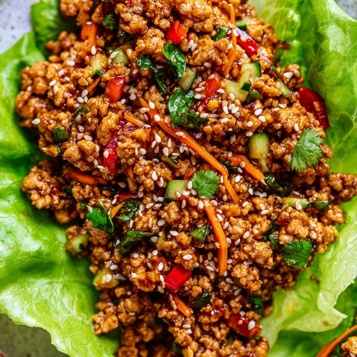 Crisp lettuce cups filled with seasoned ground turkey and colorful fresh vegetables for healthy wraps