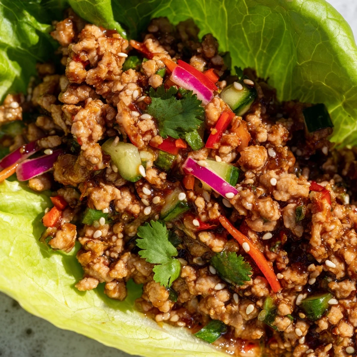 Savory ground turkey lettuce wrap bowls topped with sesame seeds cilantro and lime wedges