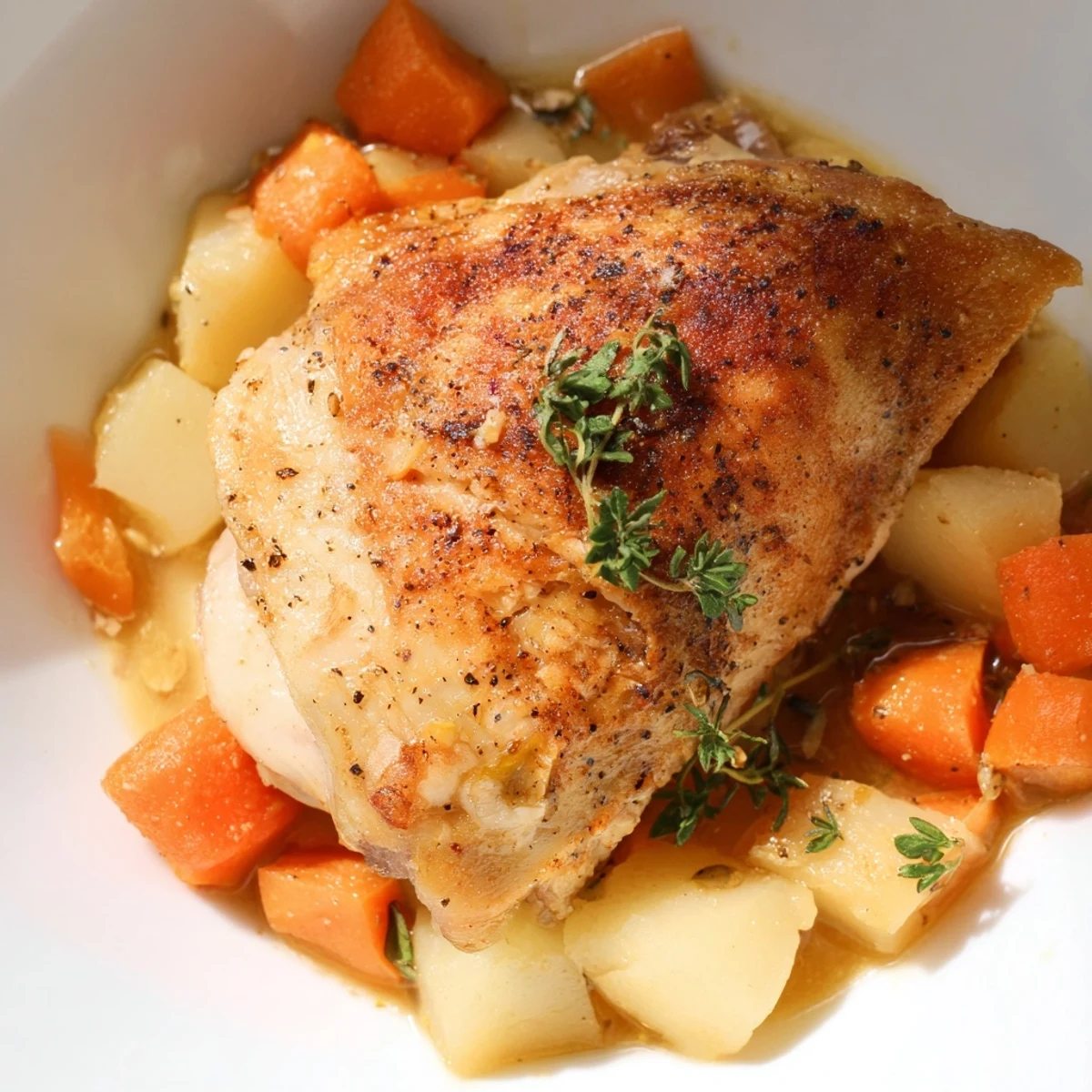 Tender slow cooker chicken dinner with carrots and potatoes in savory herb gravy