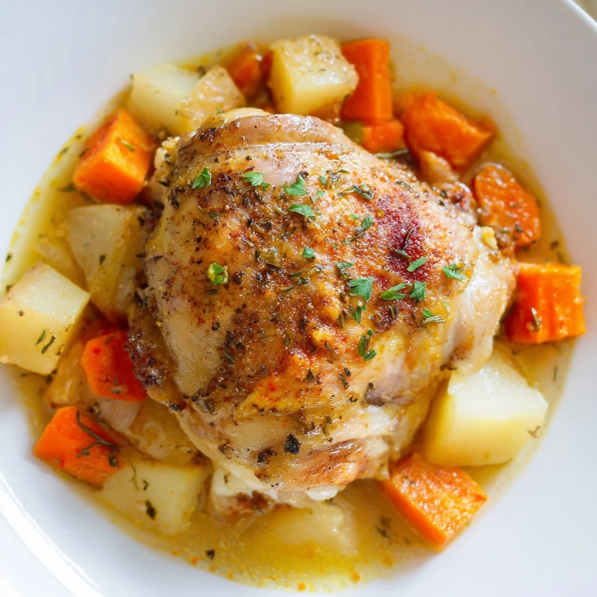 Slow cooker chicken dinner featuring fork-tender meat nestled among rustic root vegetables