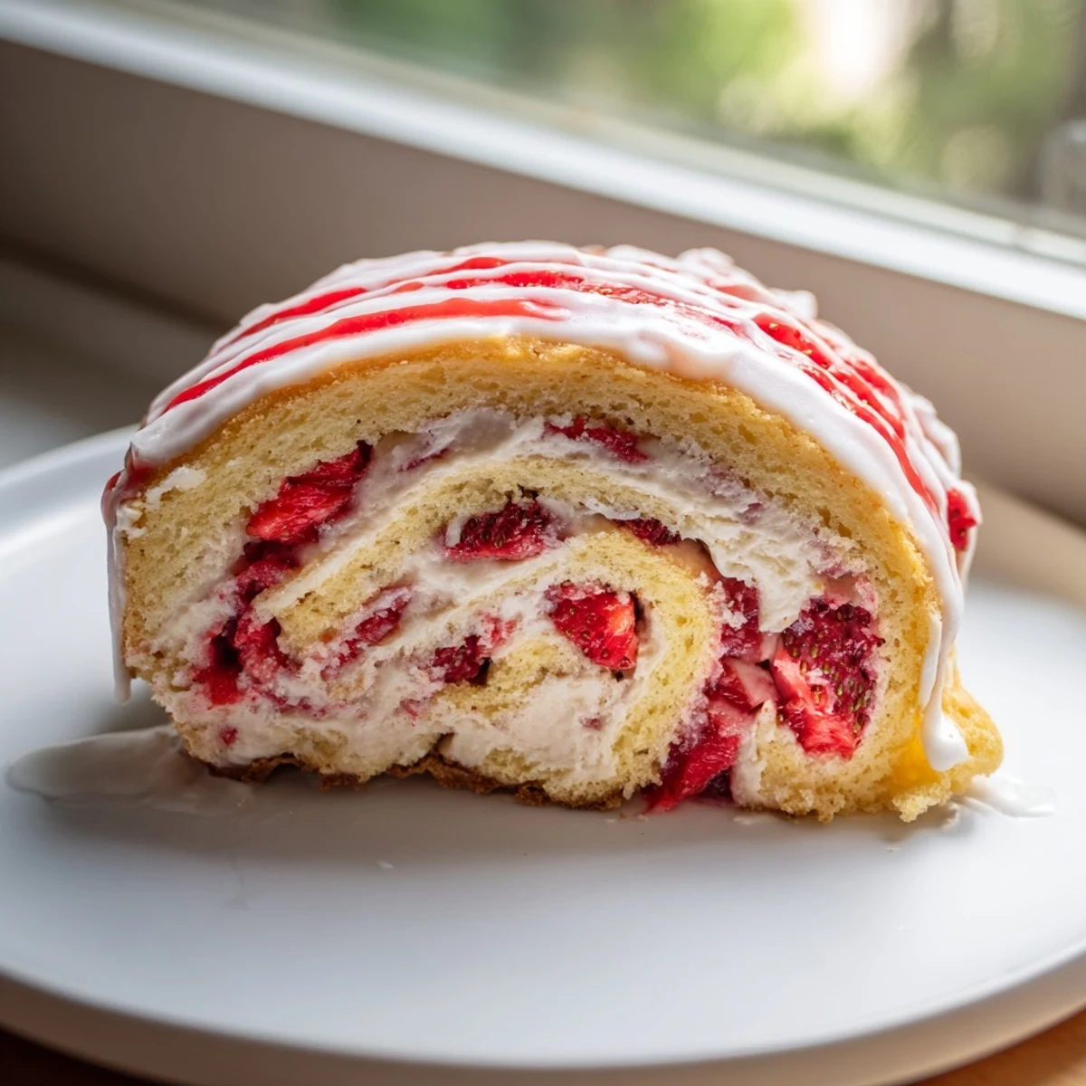 Golden Strawberry Shortcake Cheesecake Rolls drizzled with sweet vanilla glaze on a white plate