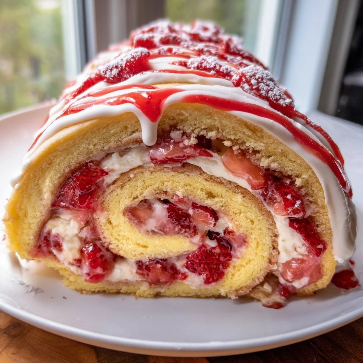 Soft, swirled Strawberry Shortcake Cheesecake Rolls with bright red strawberries and creamy cheesecake filling