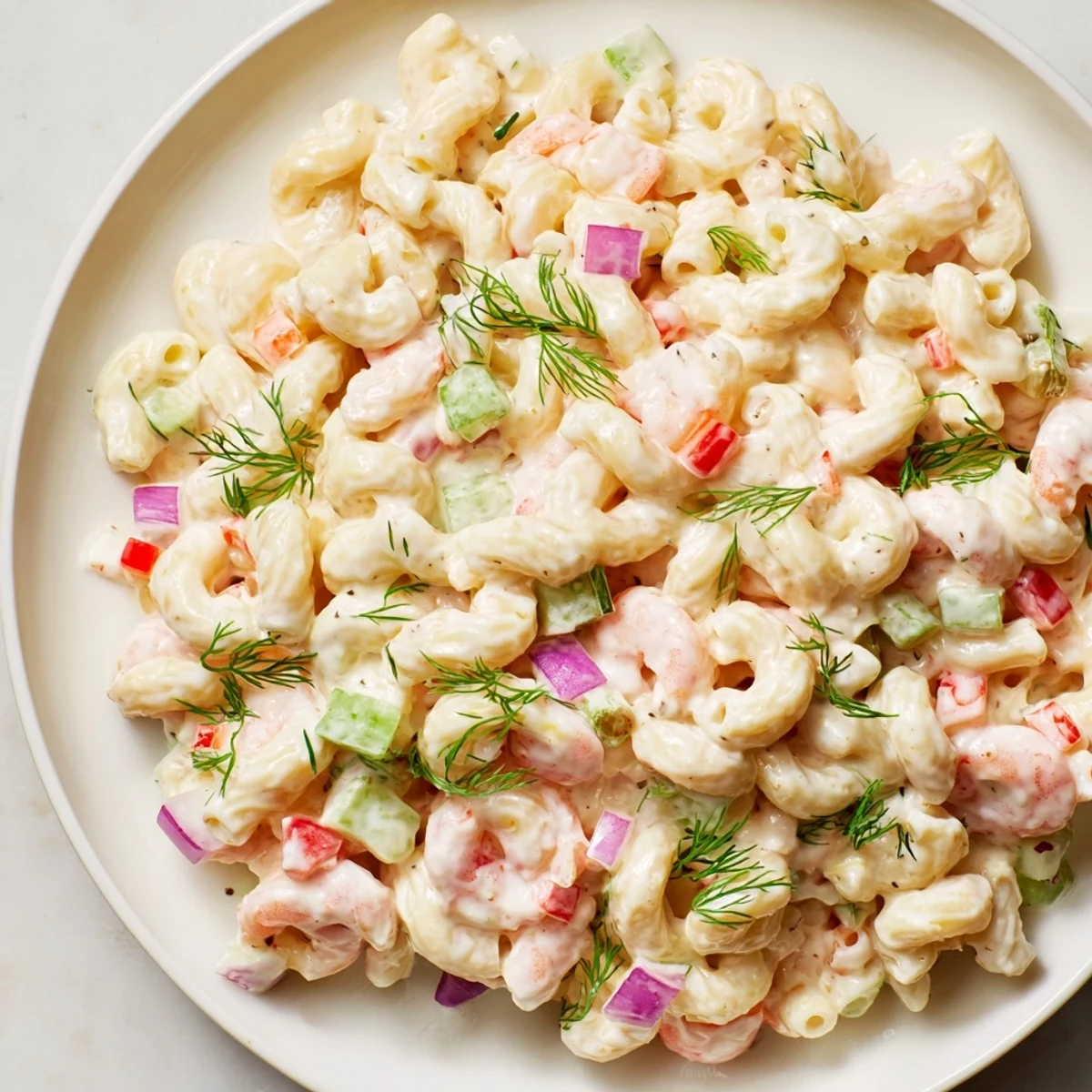 Creamy shrimp macaroni salad in a bowl with crisp celery and red peppers