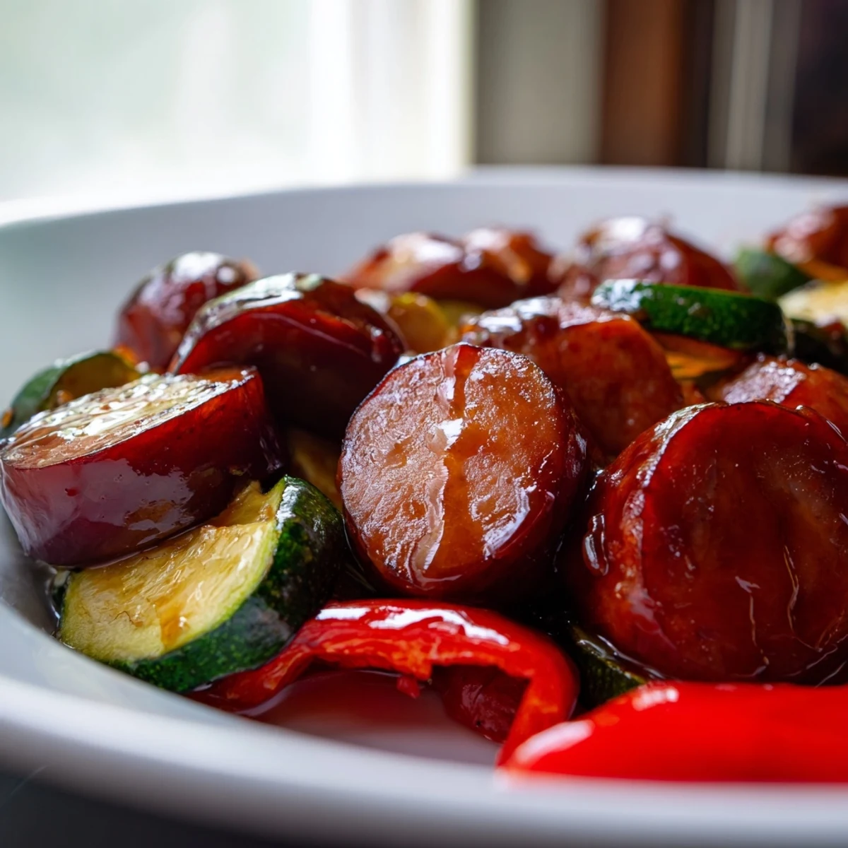 Honey Garlic Kielbasa Veggies in a cast iron skillet with glossy caramelized glaze coating every piece