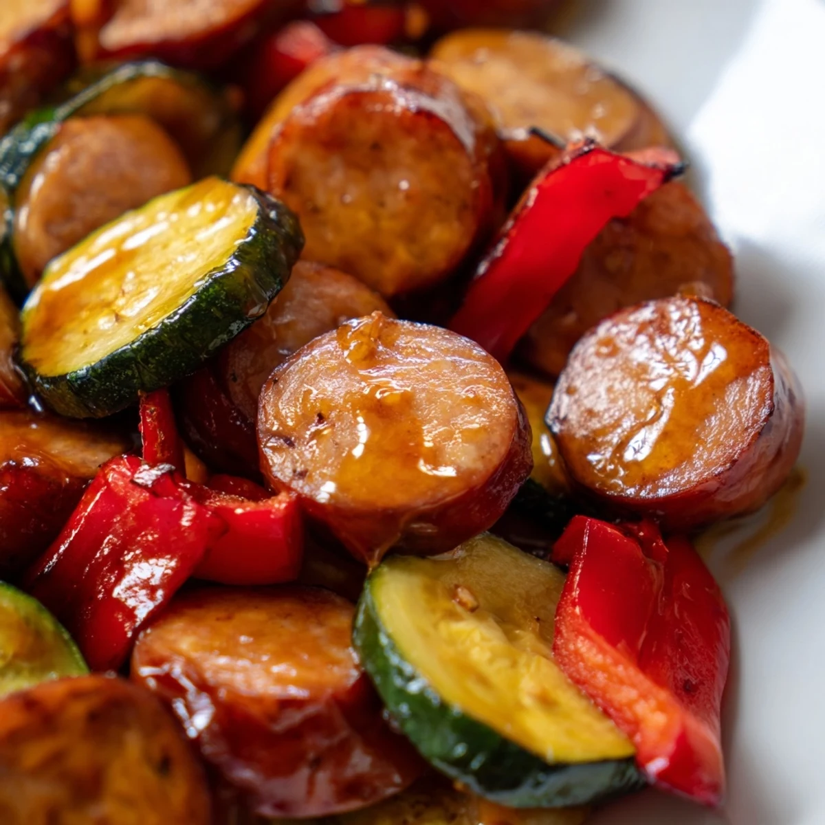 Colorful Honey Garlic Kielbasa Veggies topped with fresh parsley in a shimmering sweet garlic sauce