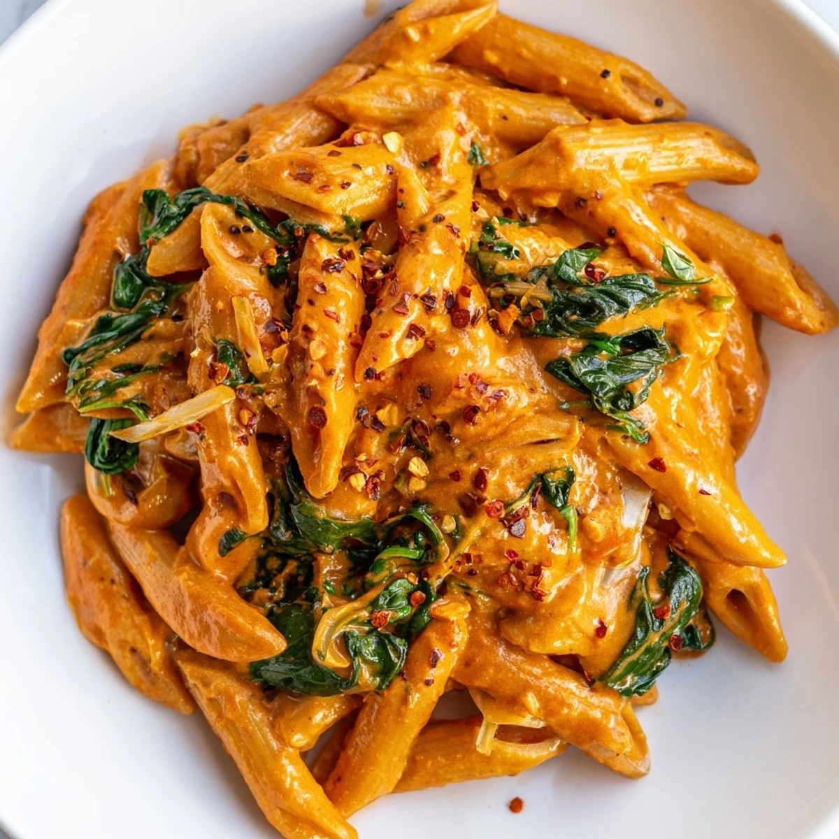 Creamy sun dried tomato vegan pasta in a rich golden sauce with fresh basil garnish
