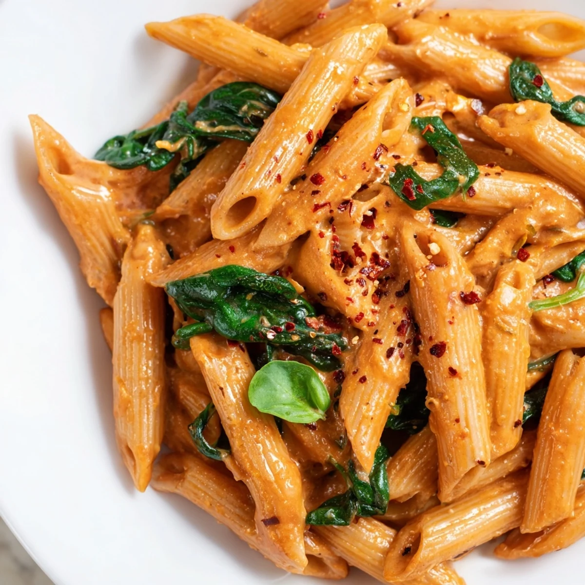 Sun dried tomato vegan pasta tossed with wilted spinach in velvety cashew cream sauce
