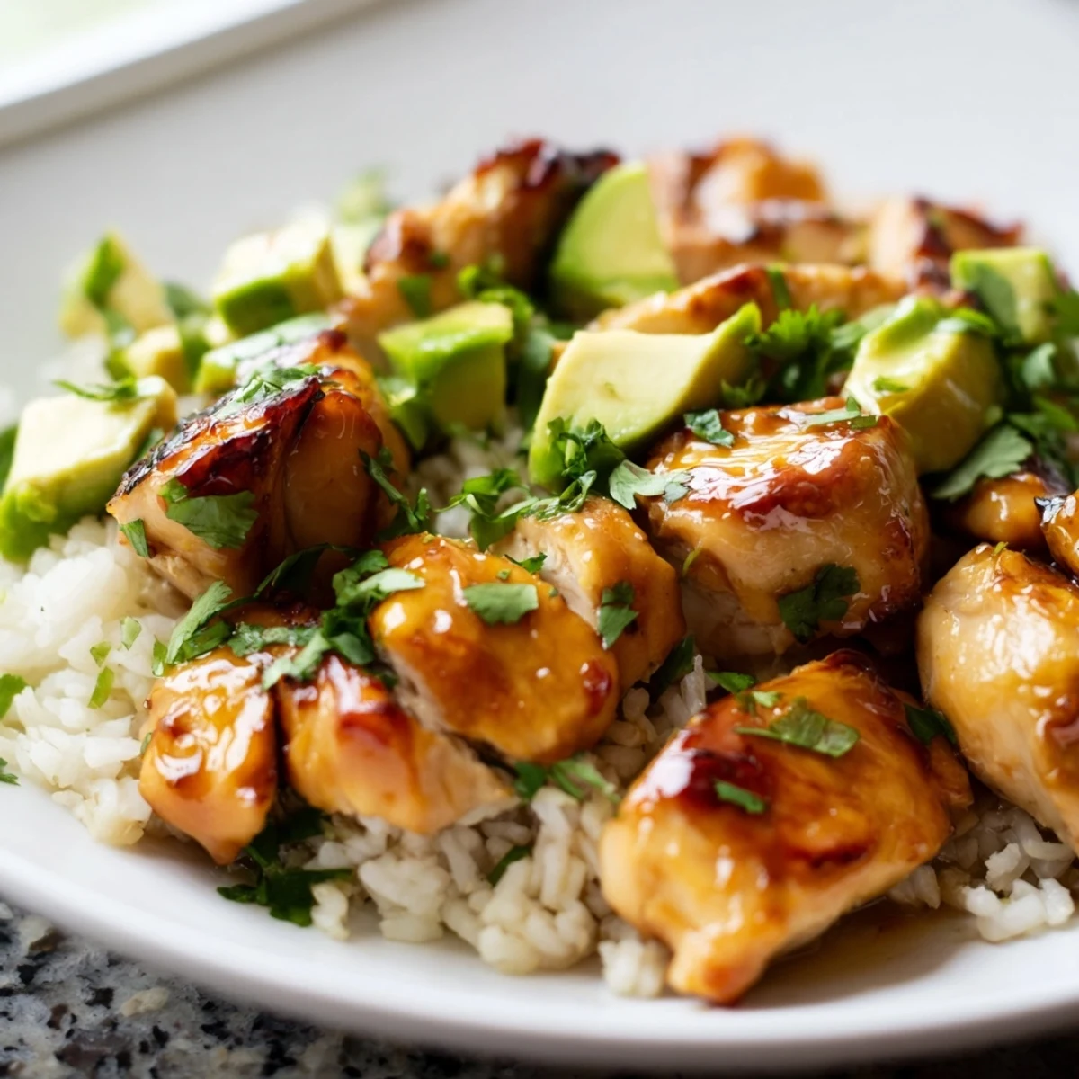 Golden honey lime chicken with caramelized edges served atop vibrant green avocado rice