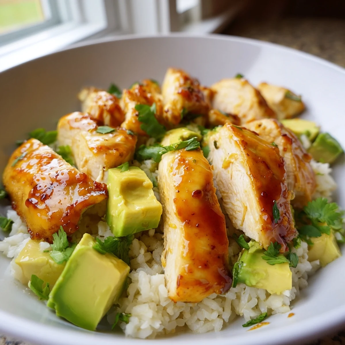 Sliced honey lime chicken resting on fluffy cilantro avocado rice with fresh lime wedges