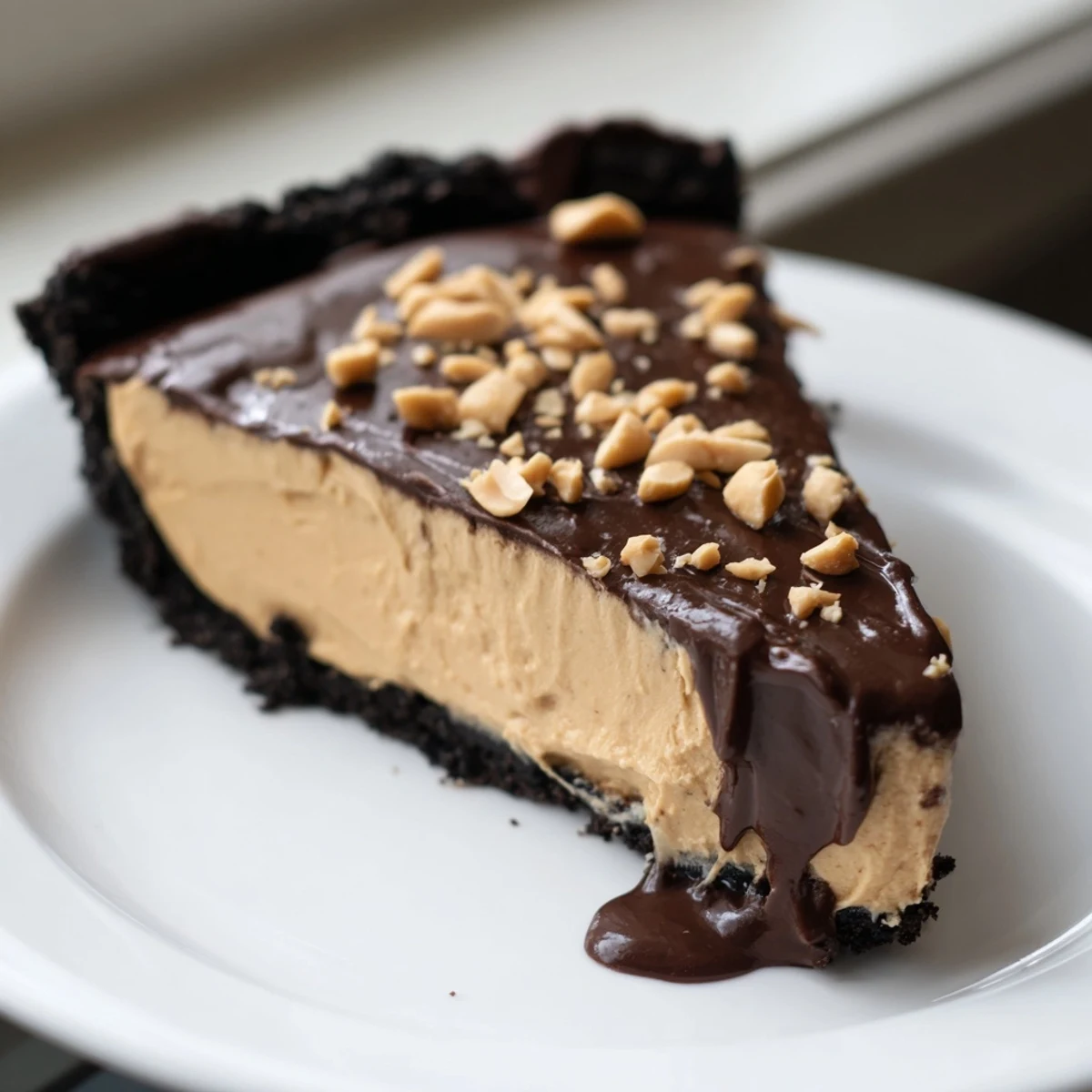 Creamy no bake peanut butter pie slices with rich chocolate ganache drizzle on rustic ceramic plate