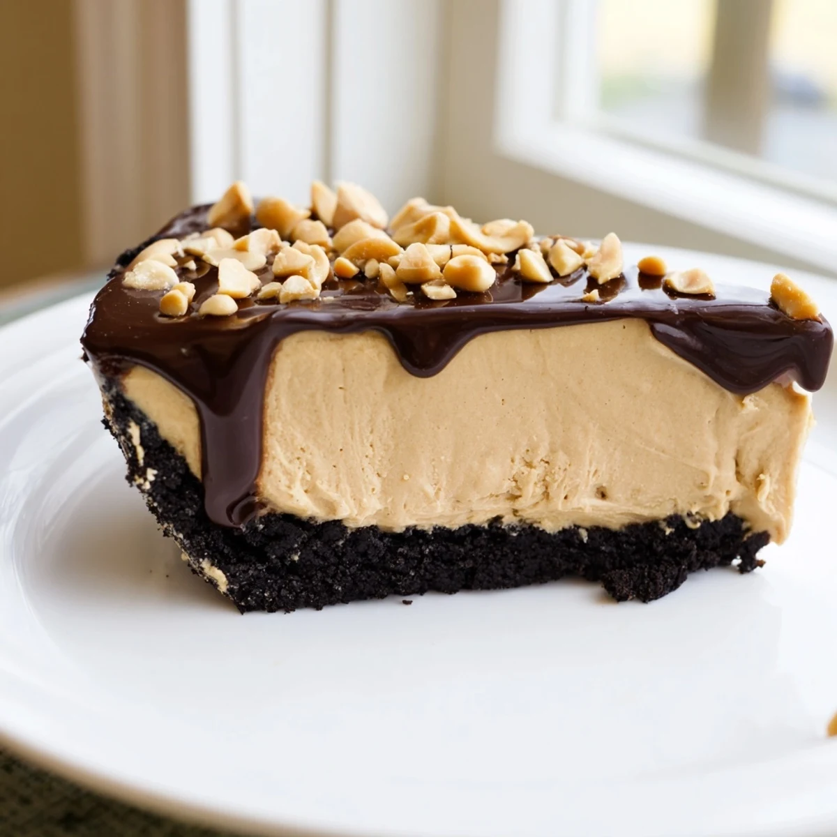 No bake peanut butter pie topped with chopped peanuts and glossy chocolate ganache frosting