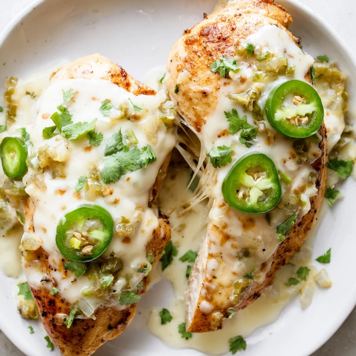 Creamy jalapeno chicken in golden skillet with melted Monterey Jack cheese sauce