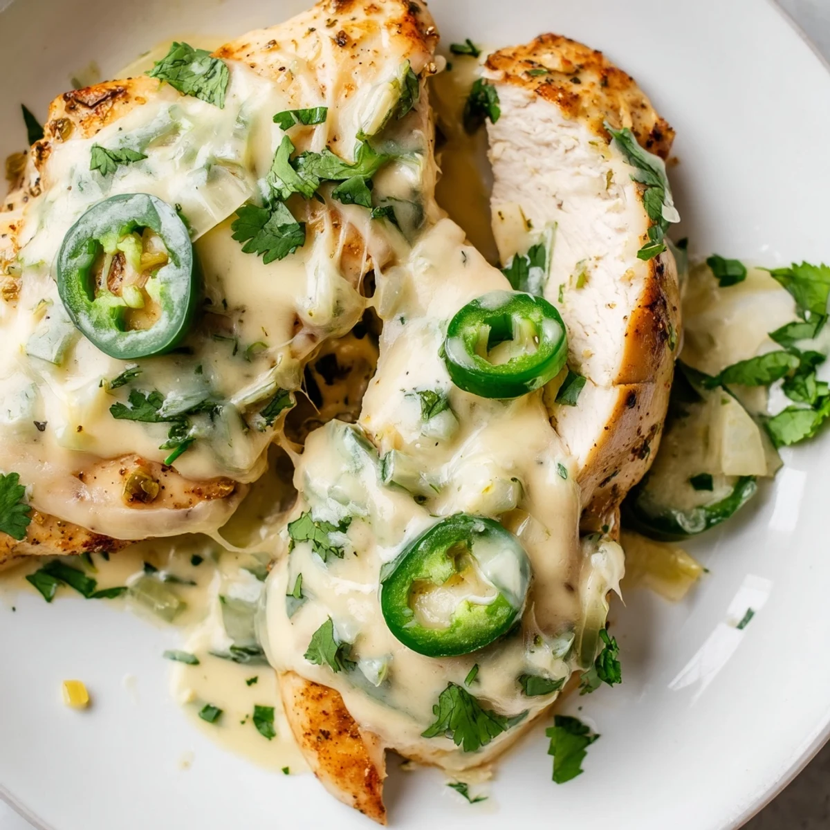 Spicy jalapeno chicken breasts topped with smooth cream sauce and fresh cilantro