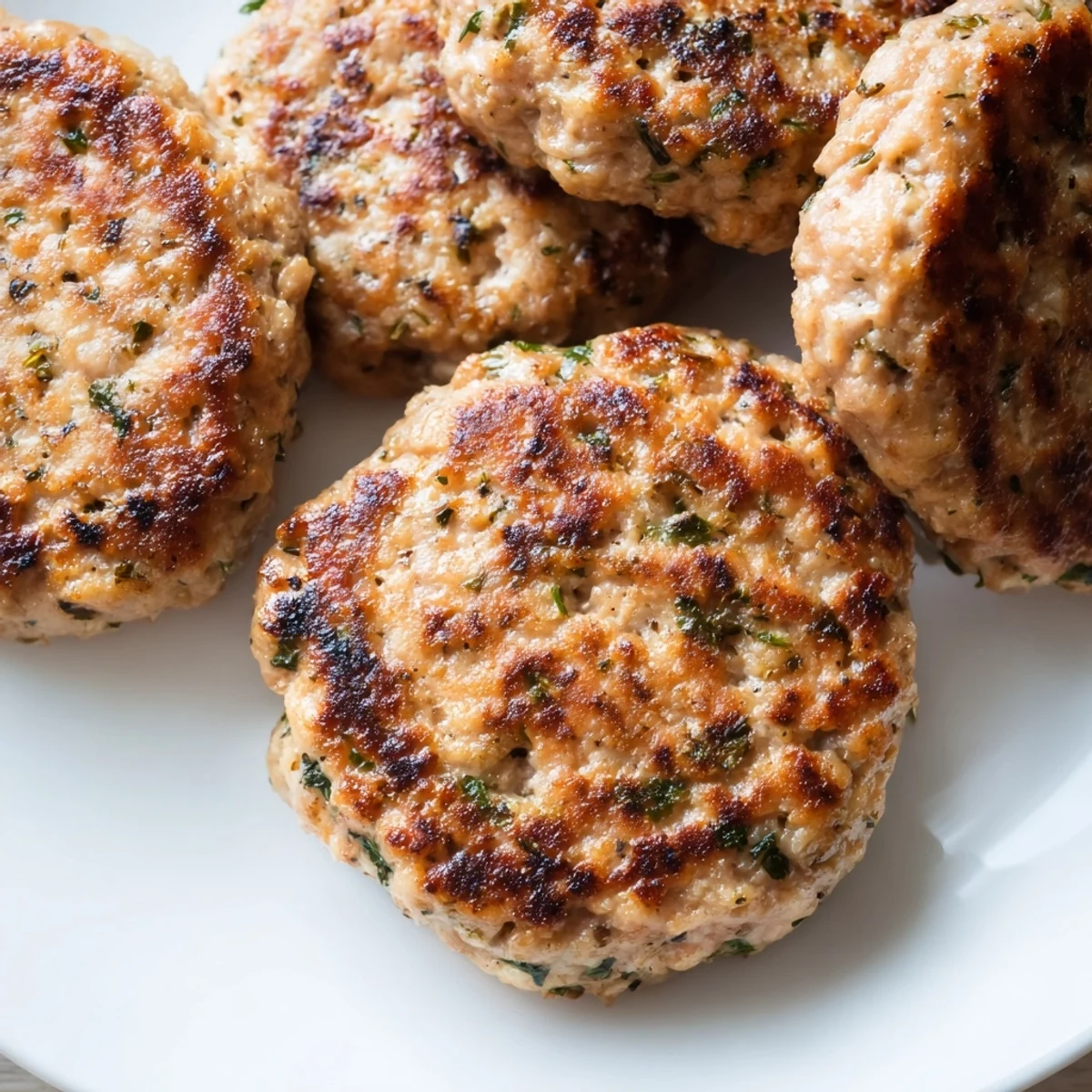 Golden brown ground turkey sausage patties sizzling in a cast iron skillet with herbs
