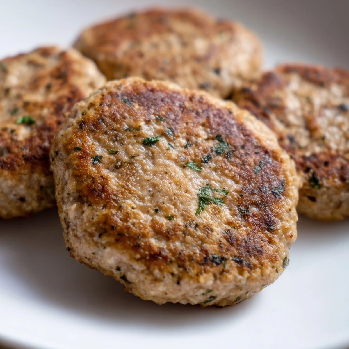 Seasoned ground turkey sausage shaped into juicy breakfast patties on a white plate