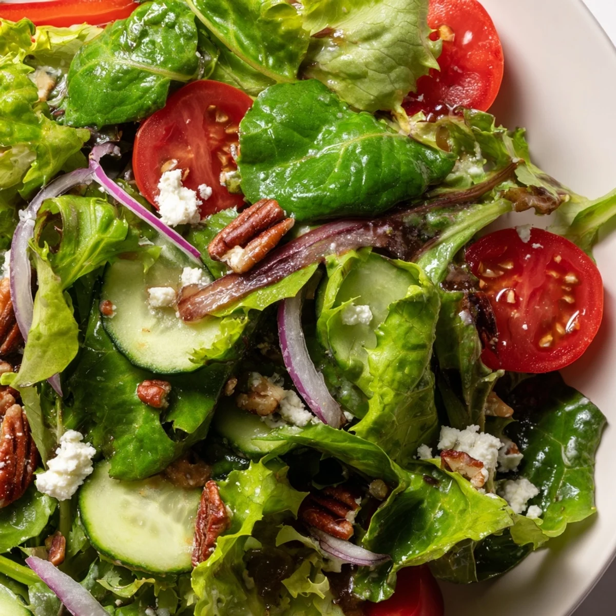 Spring Mix Salad with colorful vegetables and crumbled feta in a rustic wooden bowl