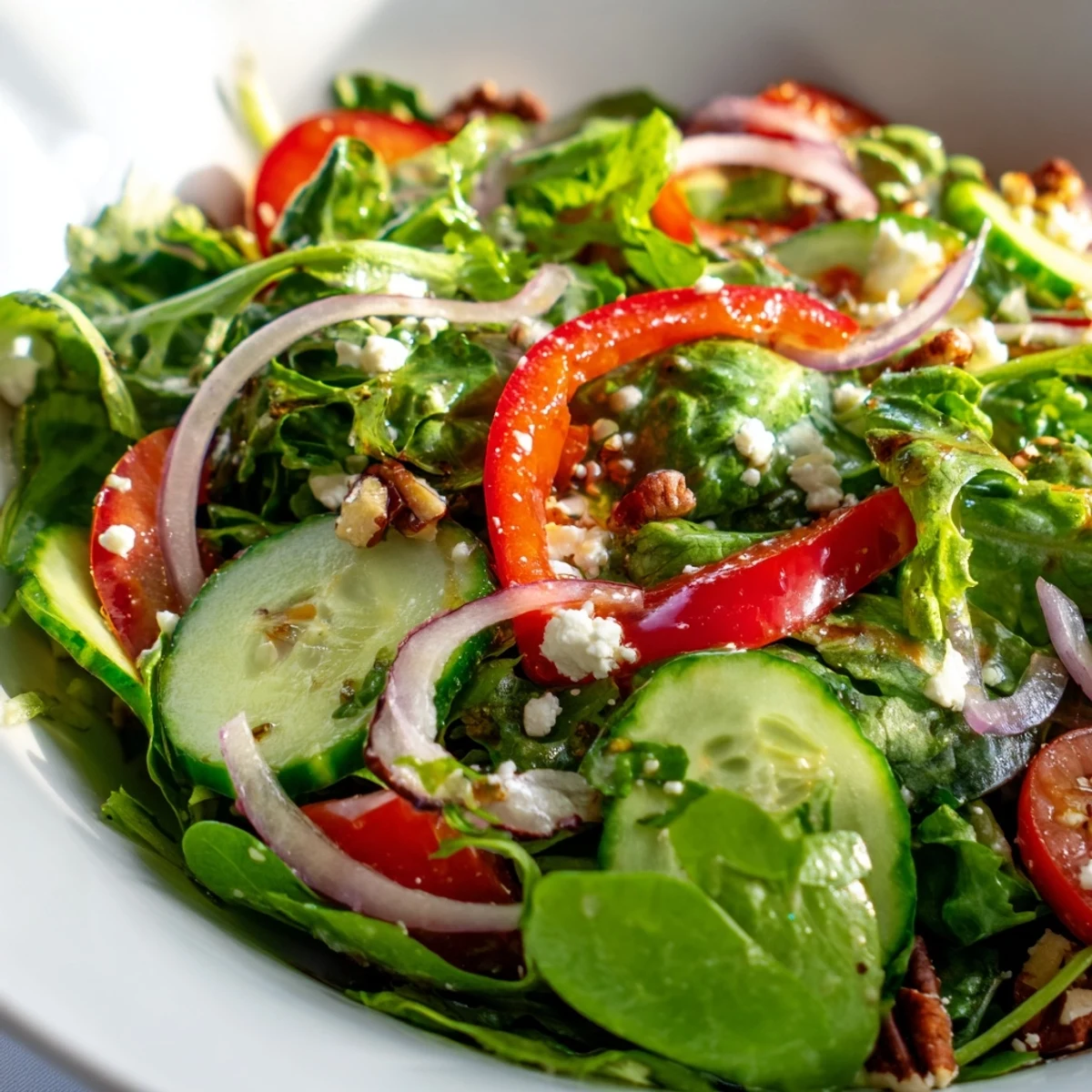 Fresh Spring Mix Salad featuring crisp cucumbers tomatoes and tangy balsamic dressing