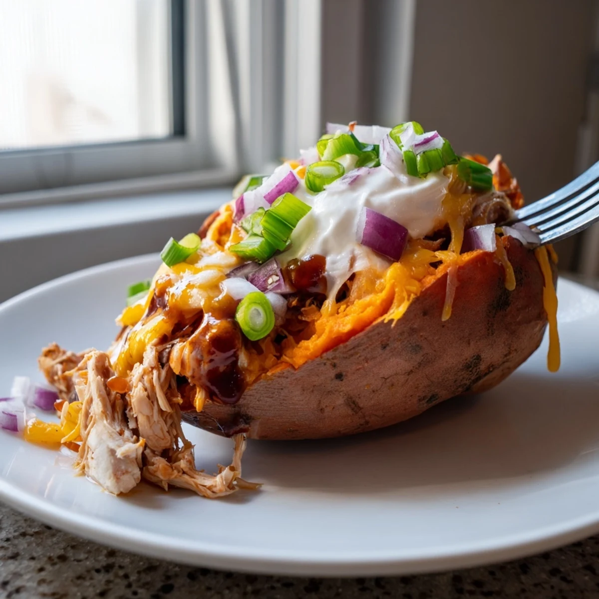 Tender roasted sweet potato split open and piled high with smoky BBQ chicken and melted cheddar cheese