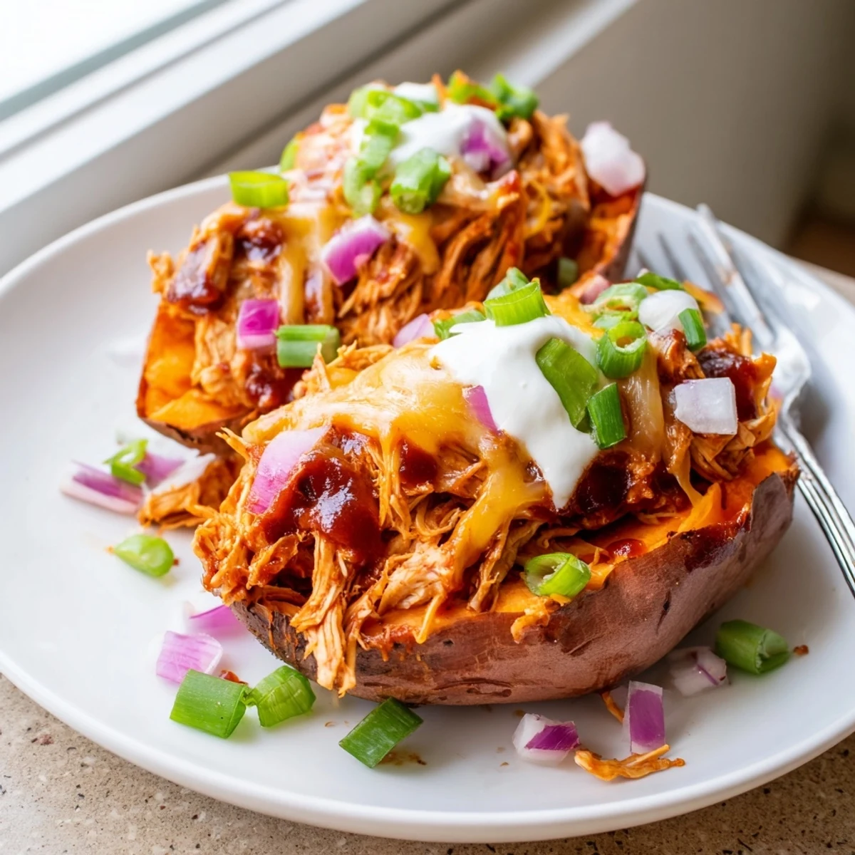 BBQ Chicken Stuffed Sweet Potatoes topped with green onions and a creamy dollop of sour cream