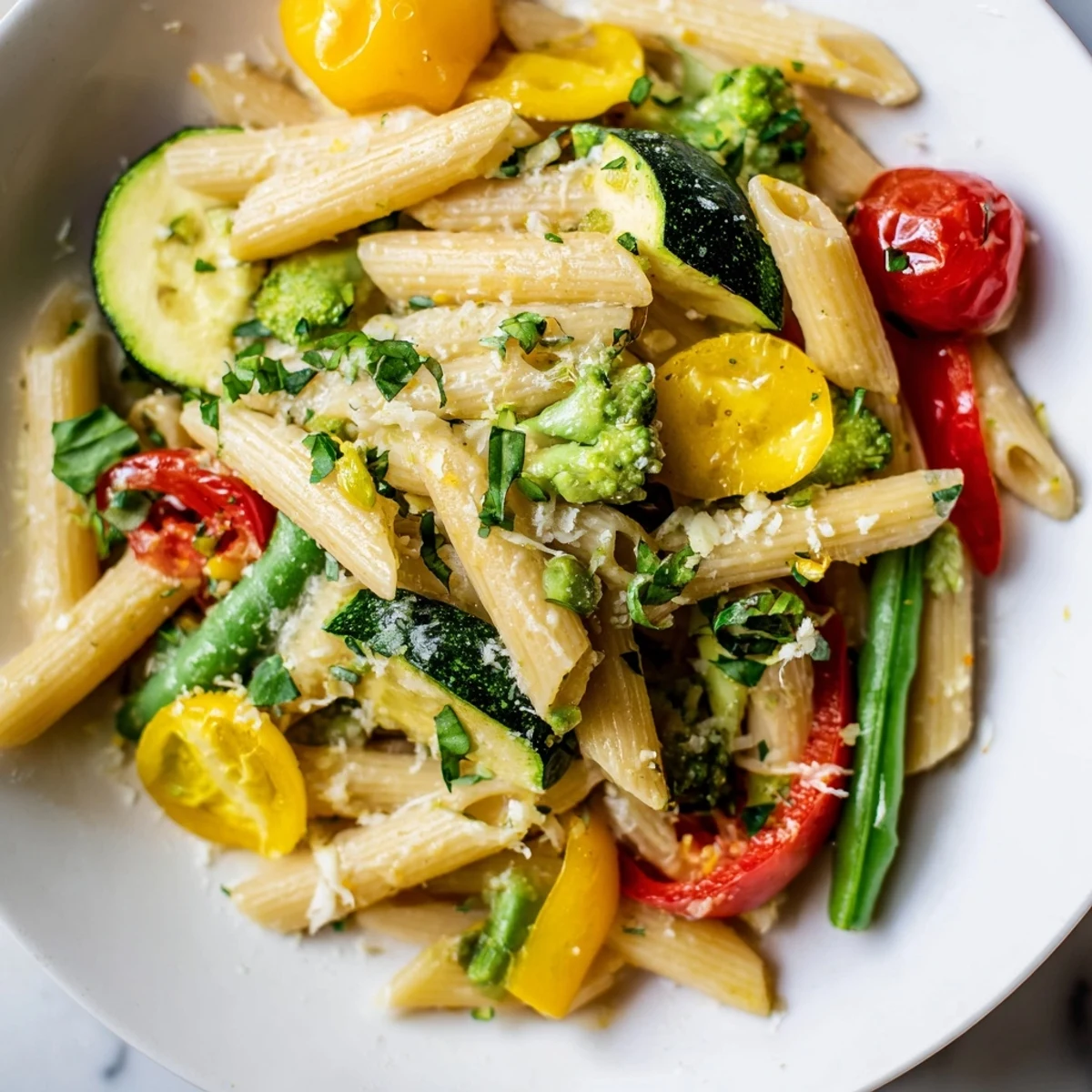 Colorful Pasta Primavera loaded with fresh spring vegetables in a light garlic sauce