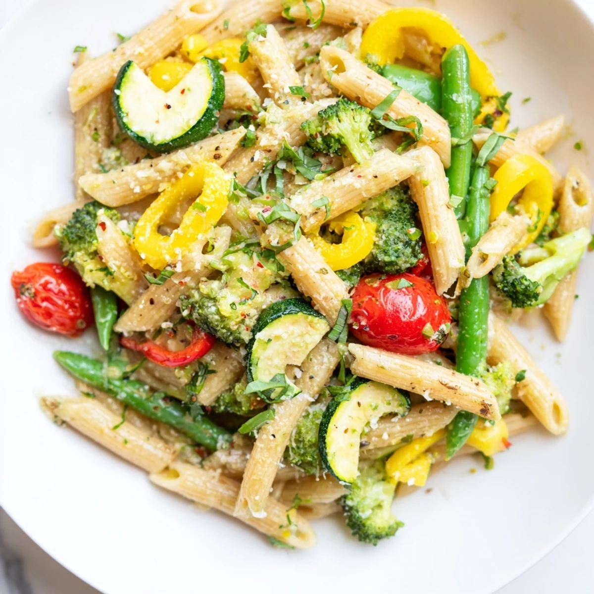 Creamy Pasta Primavera tossed with crisp zucchini bell peppers and cherry tomatoes
