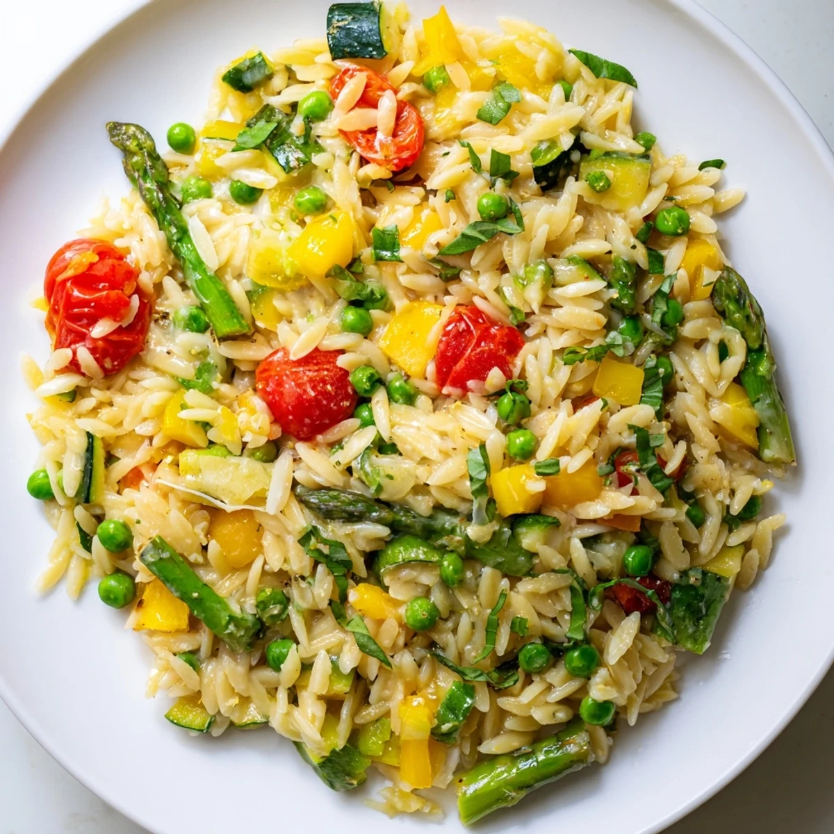 Orzo Primavera in a white bowl with colorful tender vegetables and fresh herbs