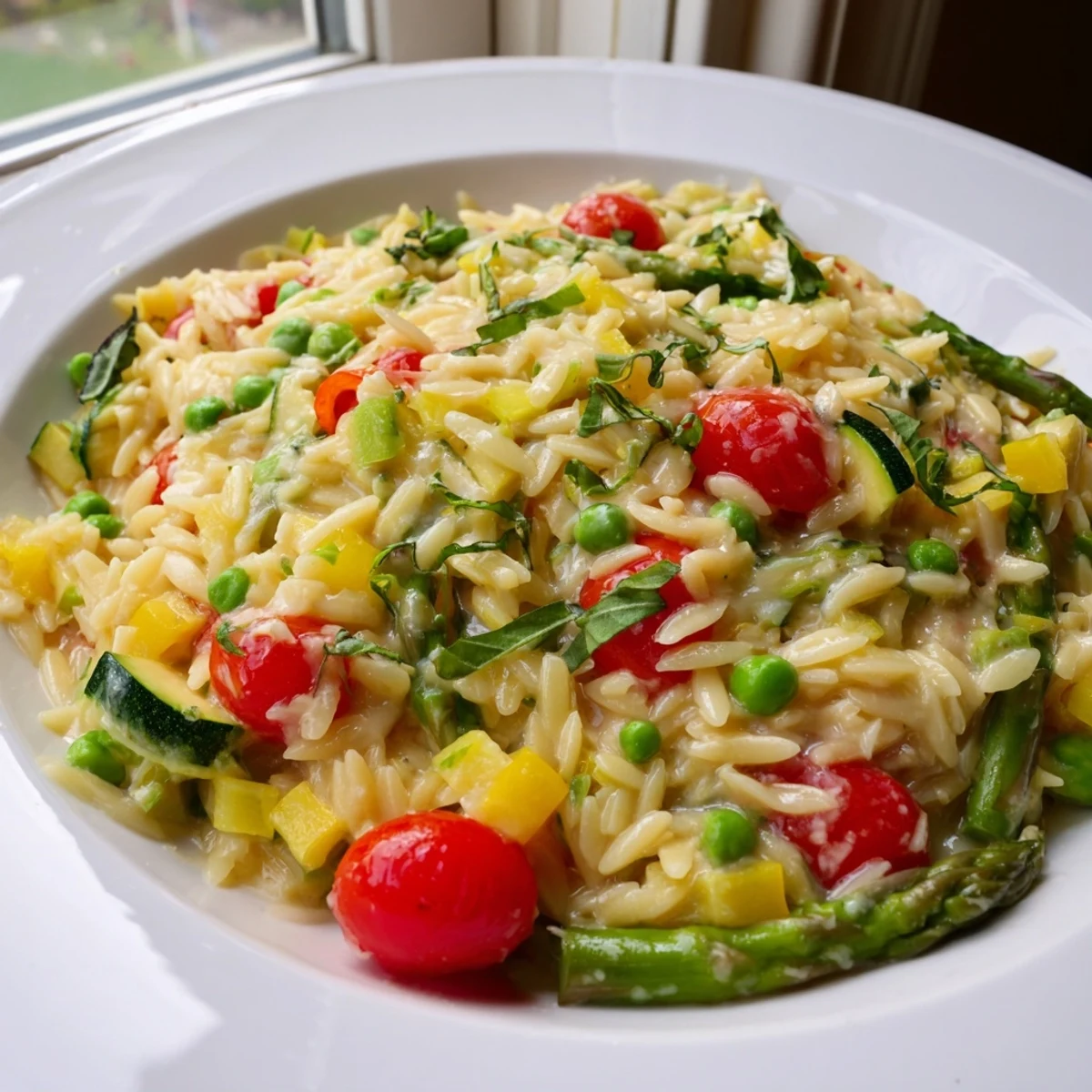 Creamy Orzo Primavera garnished with basil and Parmesan on a rustic table