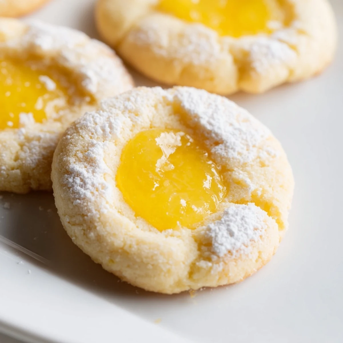 Golden lemon curd cookies with bright yellow filling on a rustic white plate