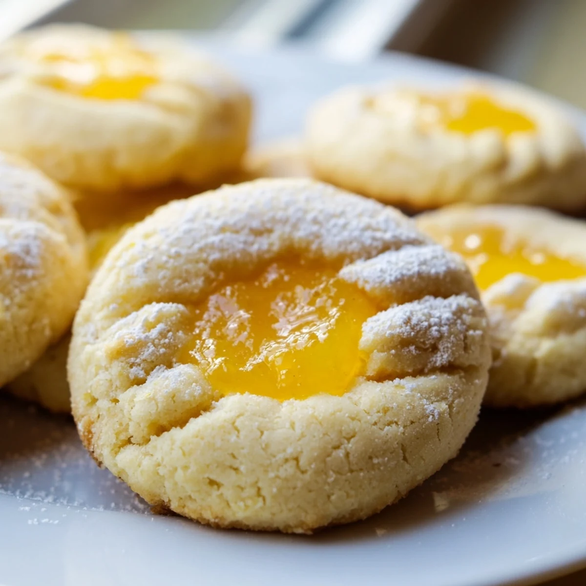 Buttery lemon curd cookies dusted with powdered sugar arranged on parchment paper