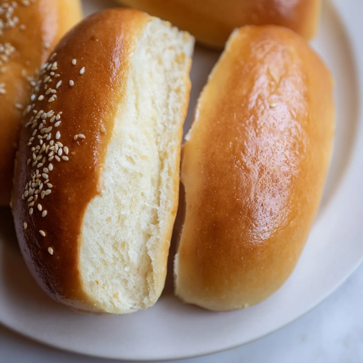 Golden sourdough discard hot dog buns fresh from the oven with sesame seed topping