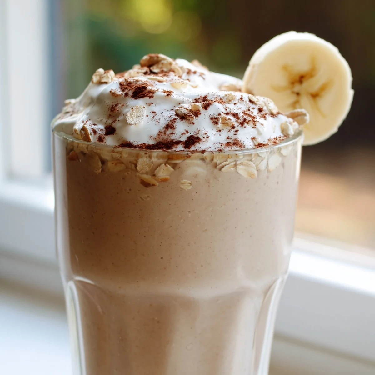Creamy coffee smoothie in a glass topped with a sprinkle of cinnamon