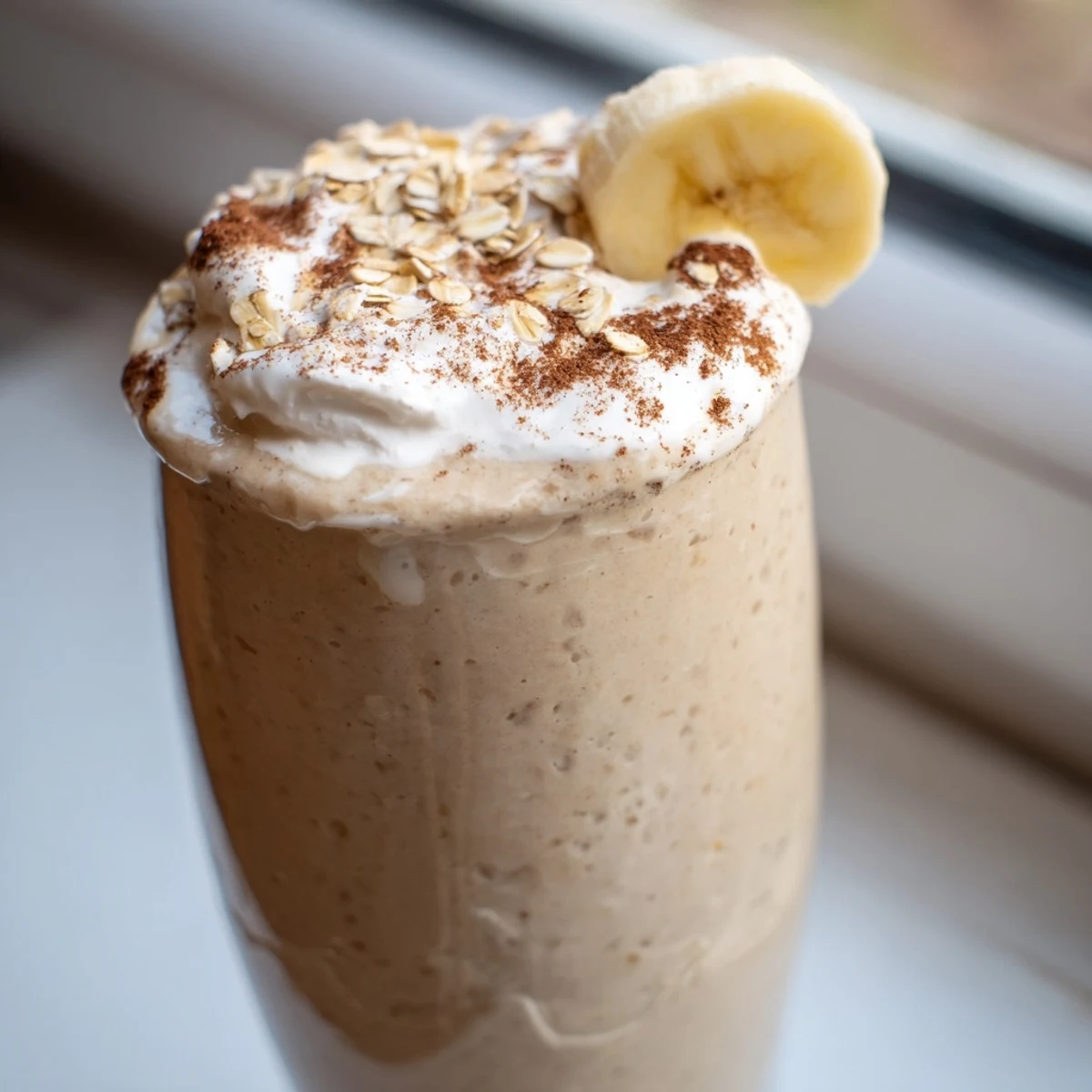 Frothy coffee smoothie swirled with banana, served in a mason jar