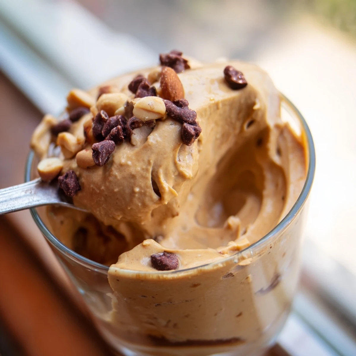 Creamy peanut butter and Cool Whip mousse topped with chocolate shavings in glass cups