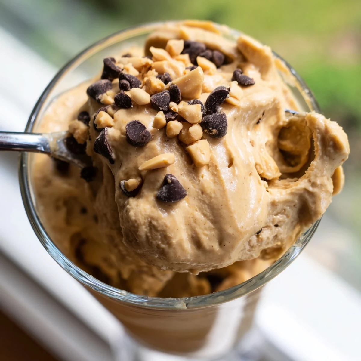 Fluffy no-bake peanut butter and Cool Whip mousse swirled in serving bowls