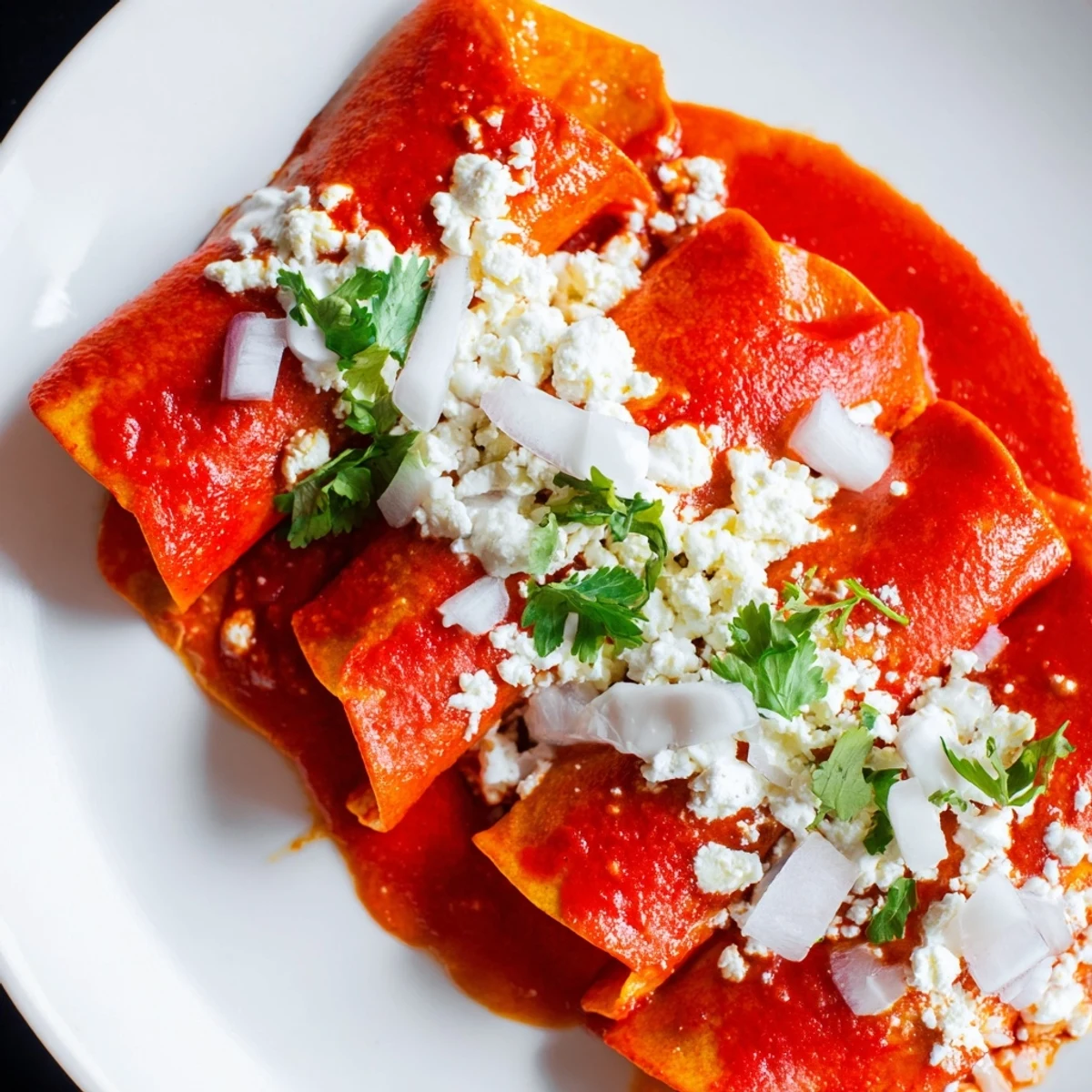 Entomatadas draped in rich red tomato sauce topped with crumbled queso fresco and fresh cilantro