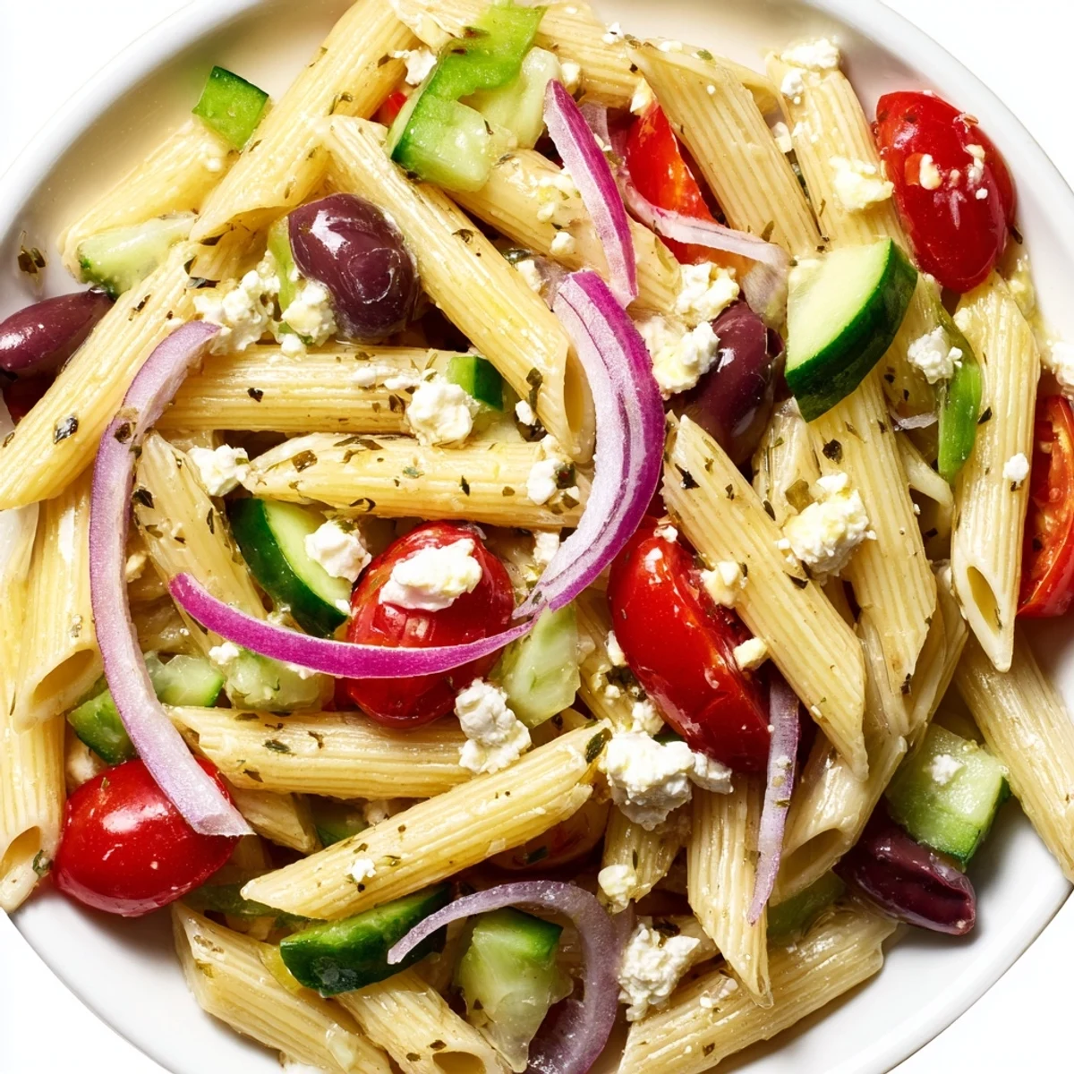 Greek pasta salad in a white bowl with cherry tomatoes, cucumber, olives, and crumbled feta cheese