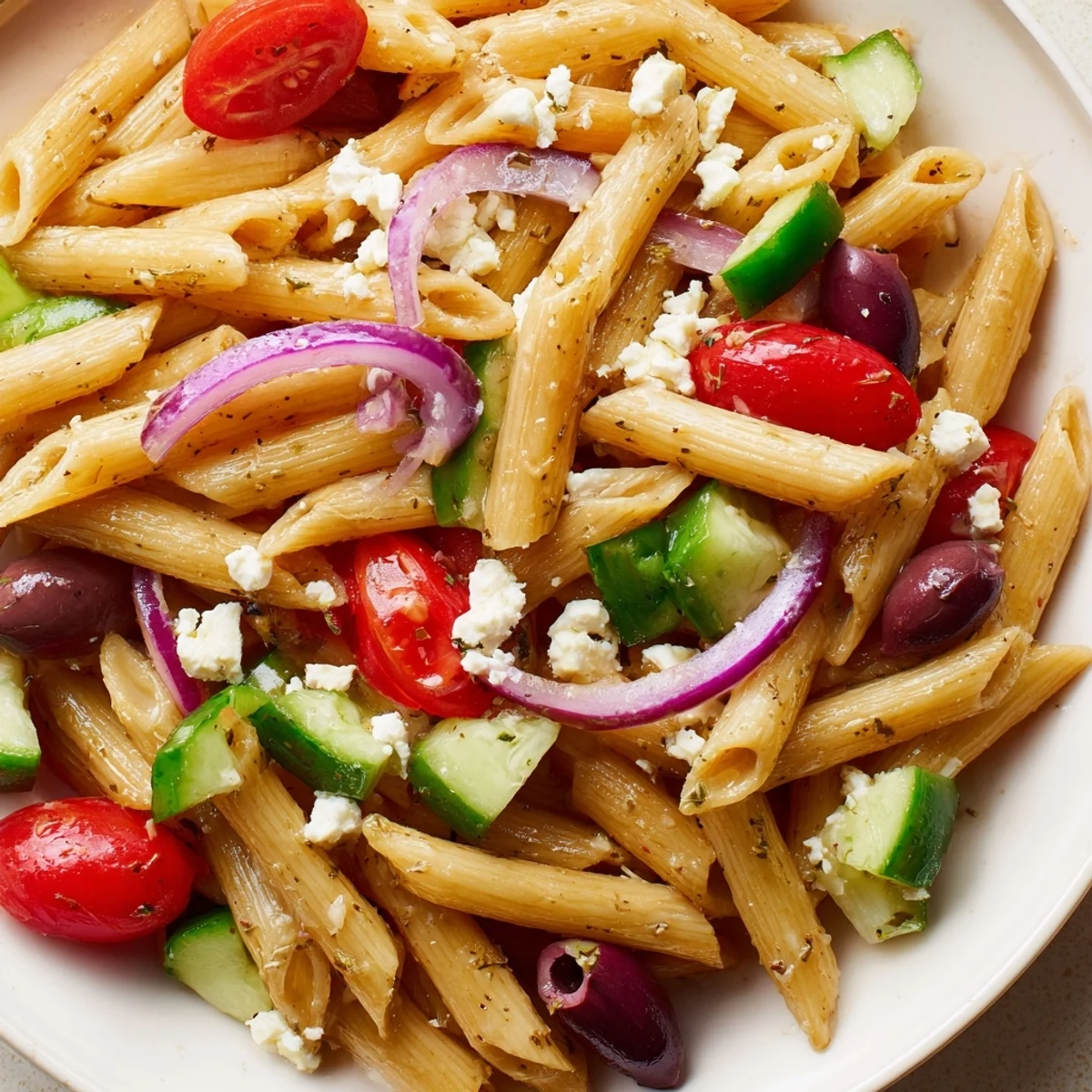 Colorful Greek pasta salad featuring crisp vegetables, tangy feta, and zesty herb dressing