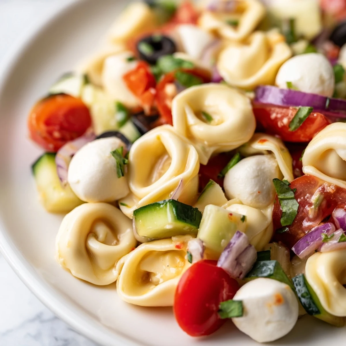 Colorful tortellini pasta salad with cherry tomatoes, cucumber, and mozzarella in a zesty Italian herb dressing
