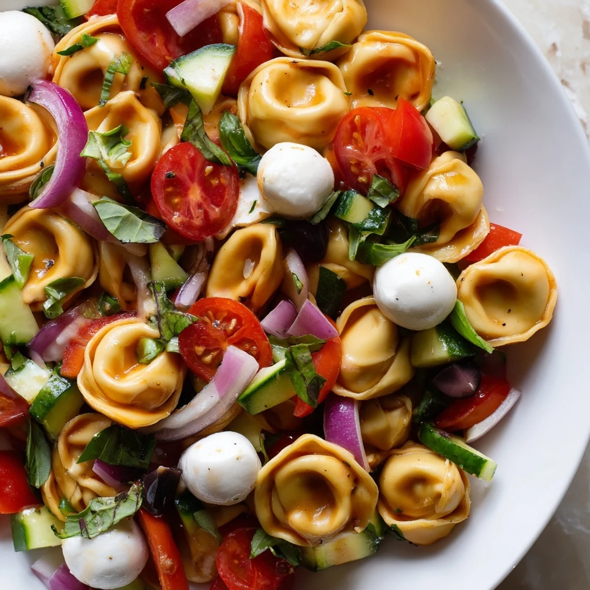 Creamy cheese tortellini pasta salad tossed with crisp bell peppers, olives, and fresh basil leaves