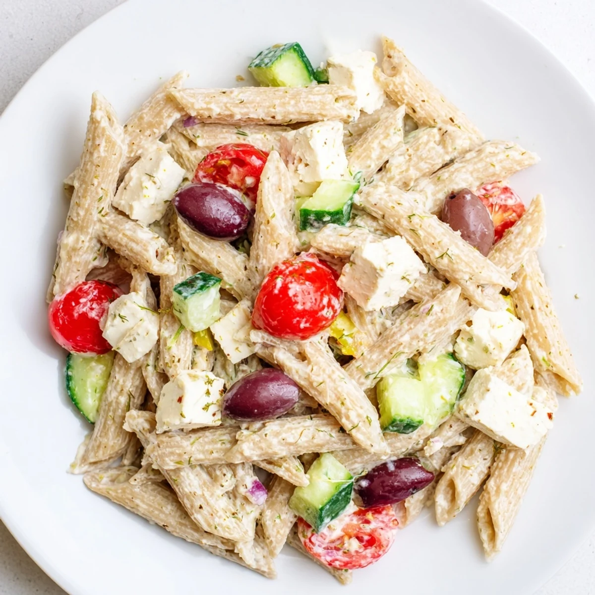 Colorful high protein Greek pasta salad loaded with crisp vegetables, tender chicken, and creamy feta cubes