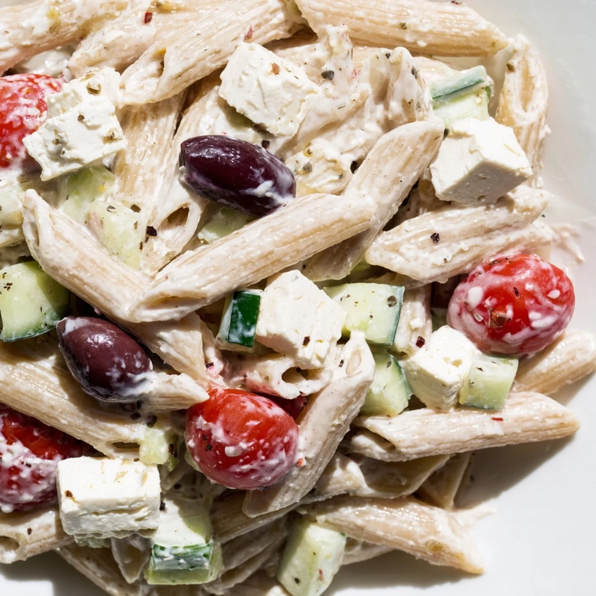 High protein Greek pasta salad in a white bowl featuring juicy tomatoes, cucumber, and tangy feta