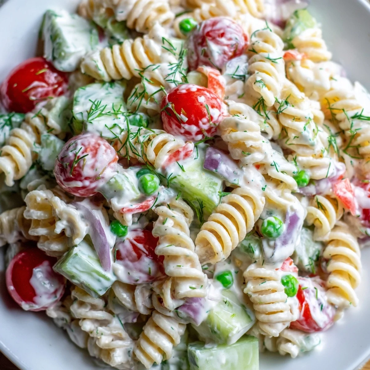 Creamy ranch pasta salad loaded with colorful crisp vegetables in a tangy herb dressing