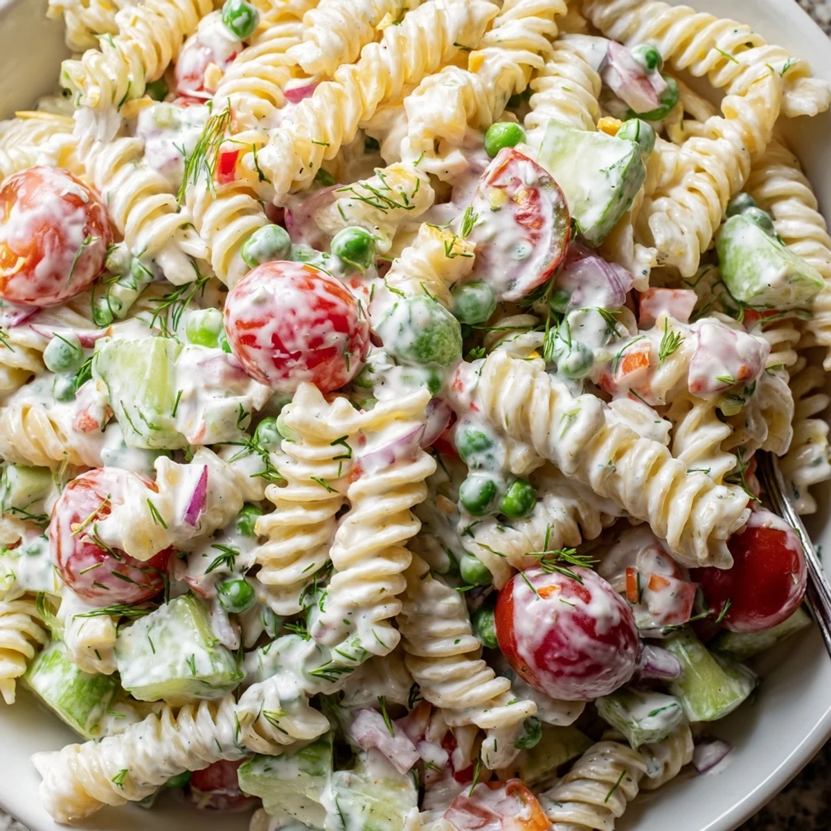 Chilled creamy ranch pasta salad garnished with fresh dill and bright red tomatoes
