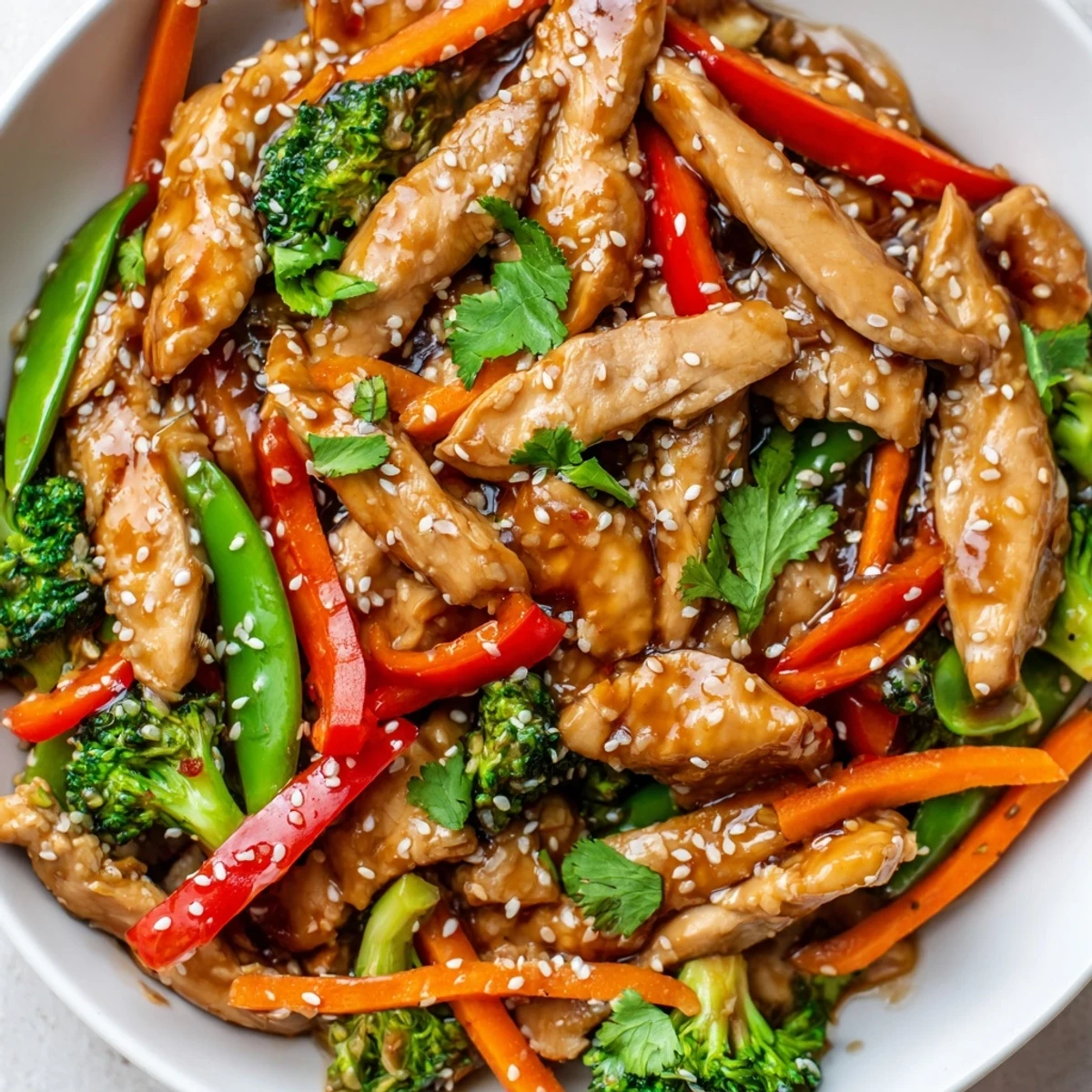 Glossy sesame soy chicken stir fry in a wok with colorful crisp vegetables