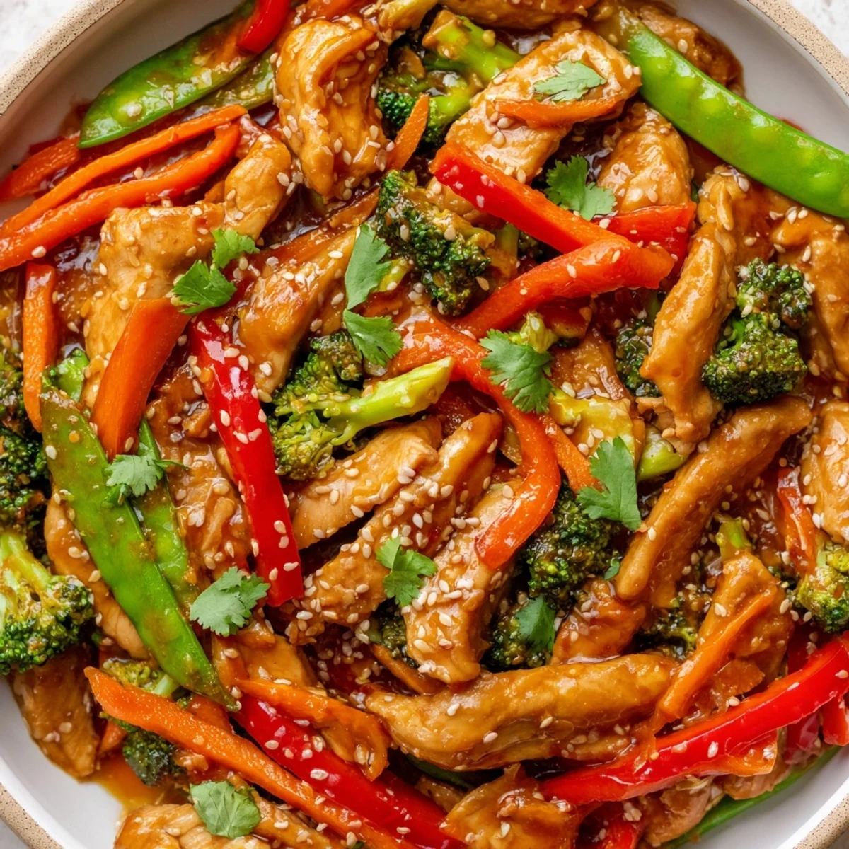 Sesame soy chicken stir fry topped with sesame seeds on white rice