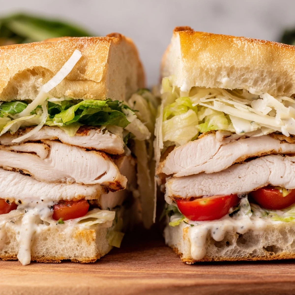 Juicy grilled Chicken Caesar Sandwich on toasted ciabatta with crisp romaine and shaved Parmesan