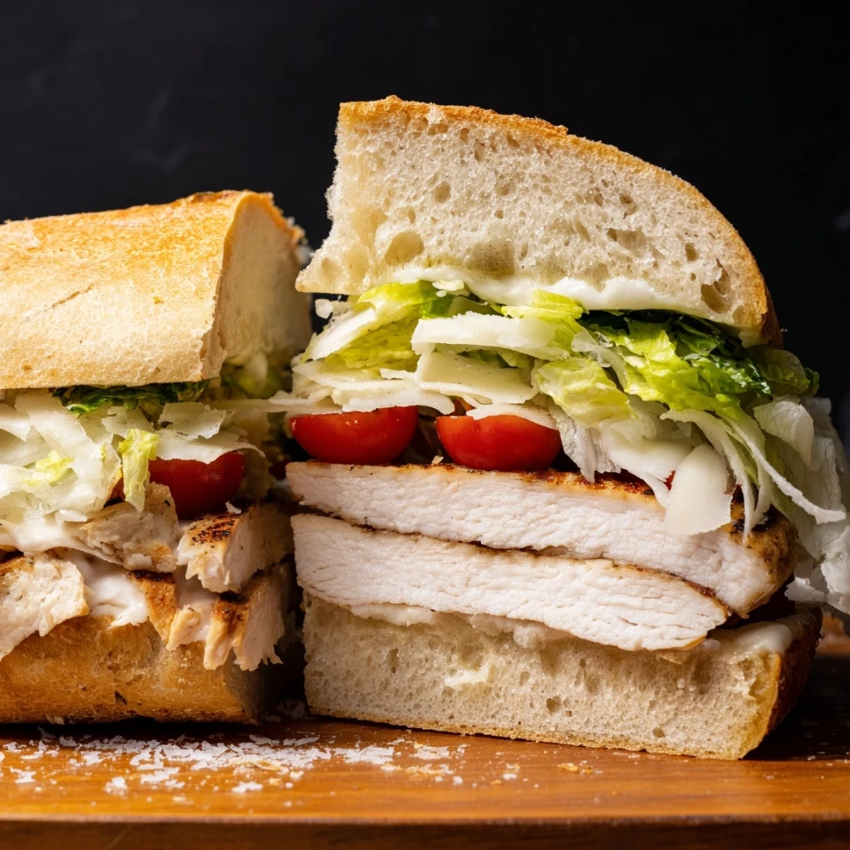 Golden-brown Chicken Caesar Sandwich layered with creamy dressing, fresh lettuce, and tender sliced chicken