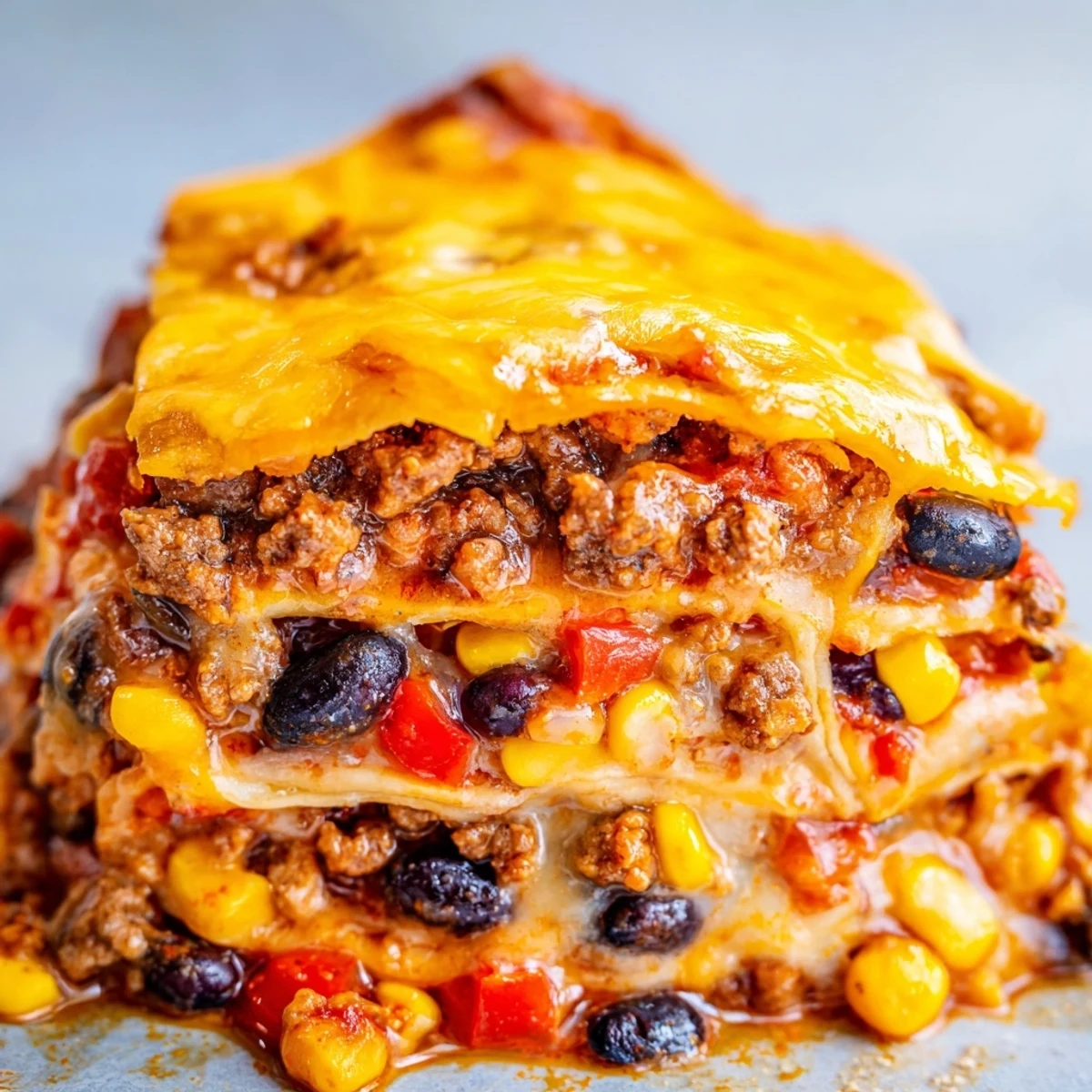 Golden bubbly Mexican lasagna with layers of seasoned beef beans and melted cheese
