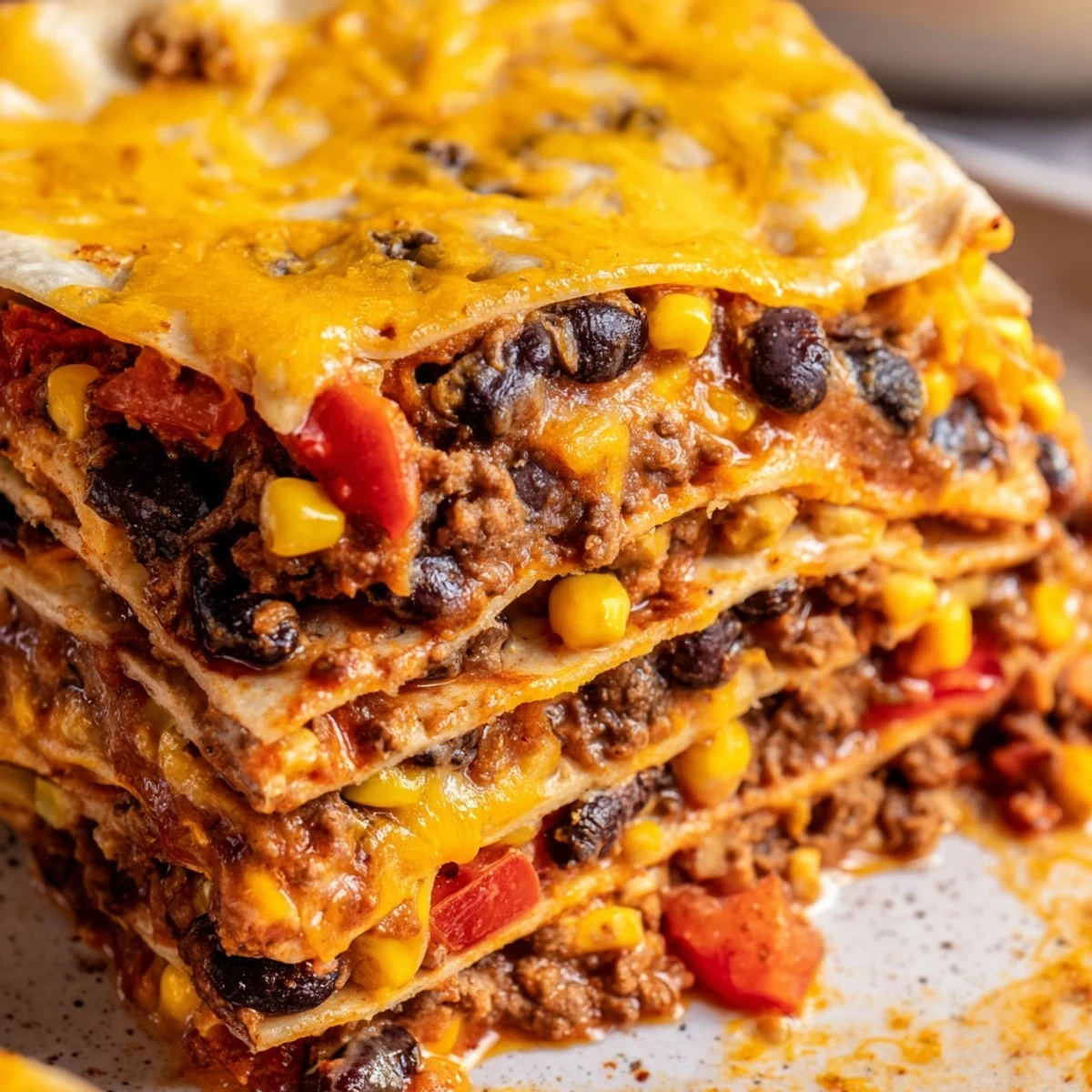 Mexican lasagna fresh from oven with gooey cheese and colorful Tex-Mex filling